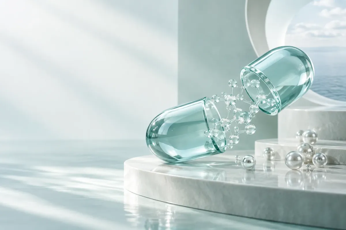 A glass capsule opening on a white plinth
