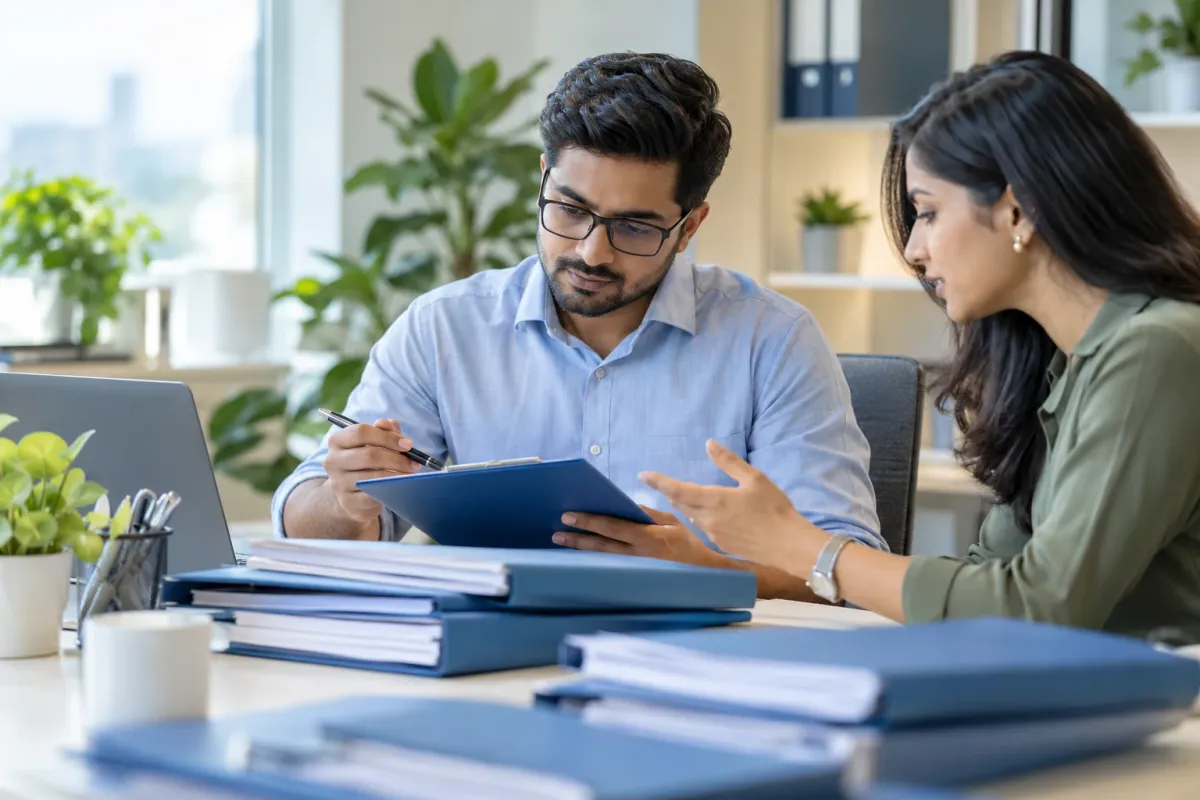 Two colleagues checking document folders at a desk