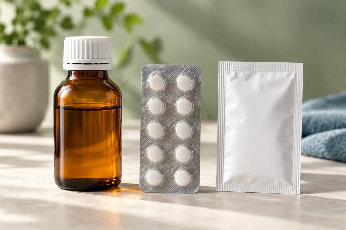 A liquid bottle, a blister strip and a sachet side by side