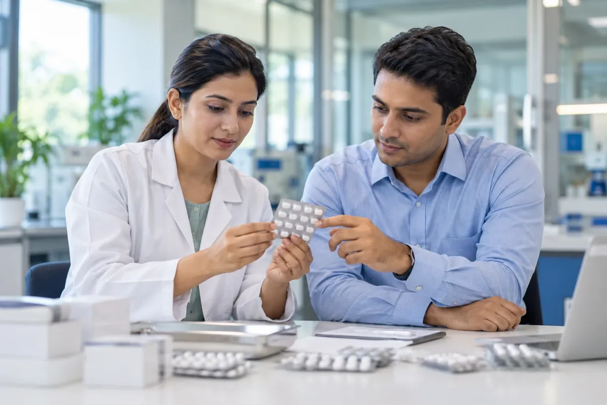 A quality specialist and a colleague reviewing a sealed blister pack