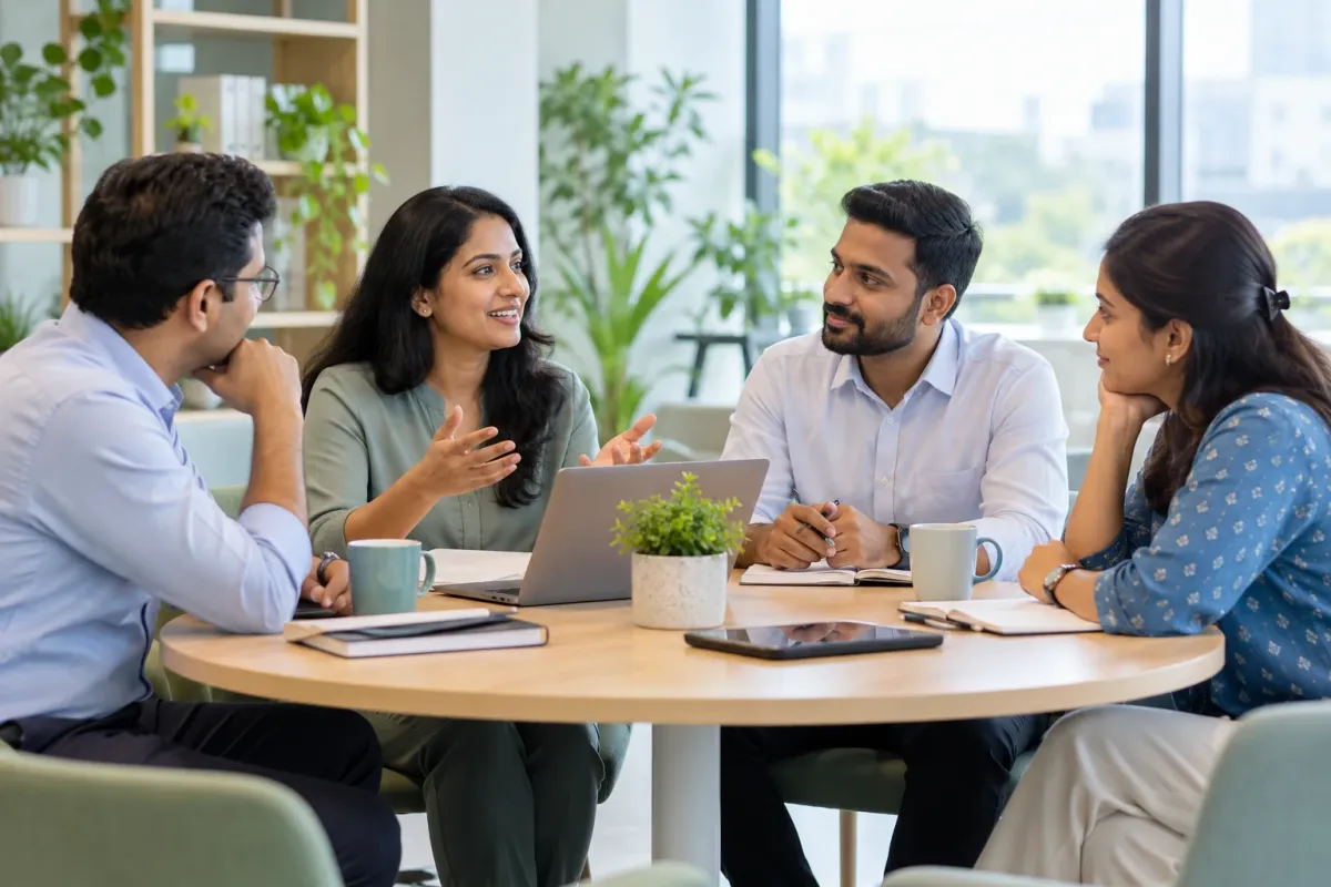 Four colleagues in discussion around a table