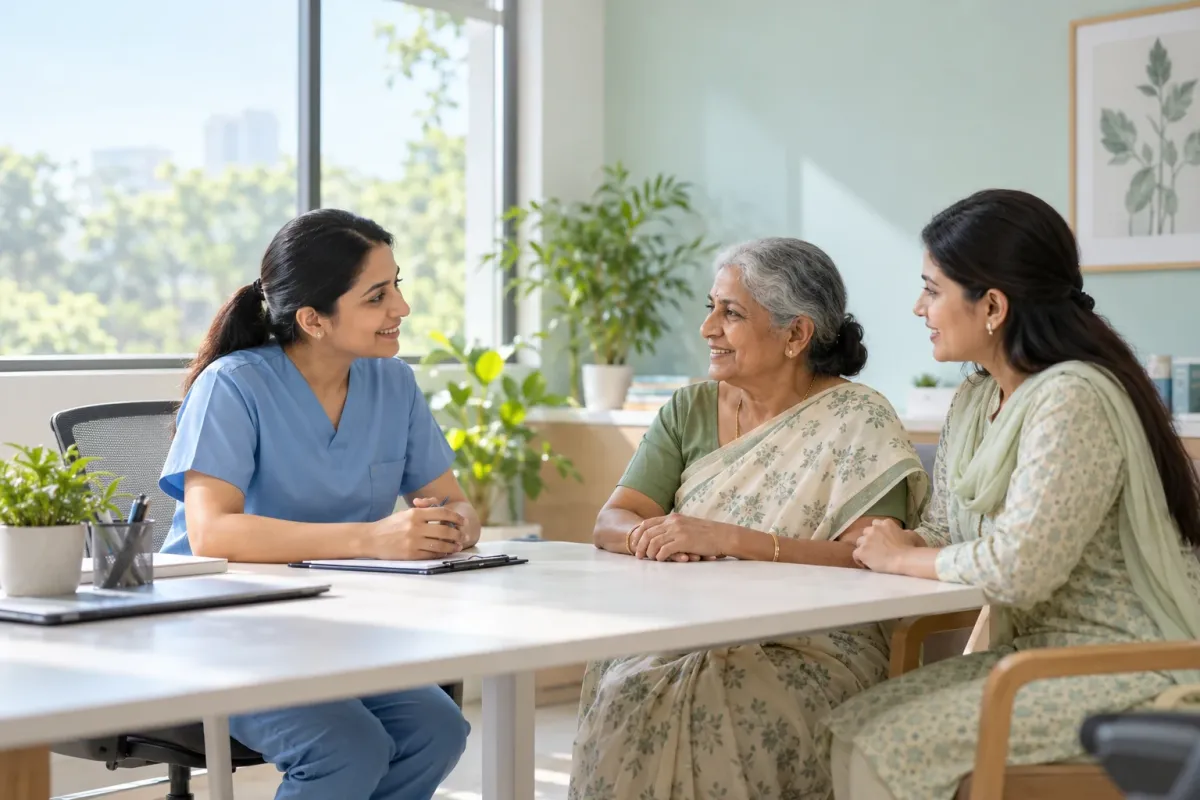 A healthcare professional talking with an older woman and her daughter