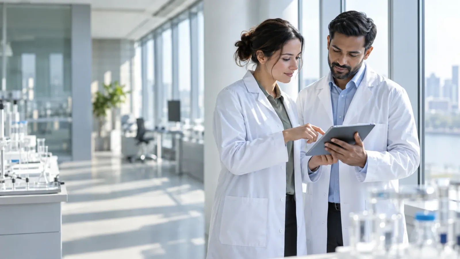 Two scientists reviewing results on a tablet