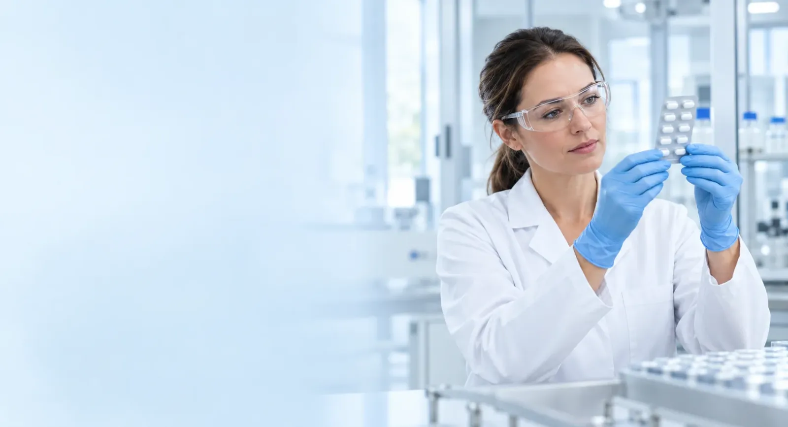 A scientist inspecting a blister pack in a laboratory