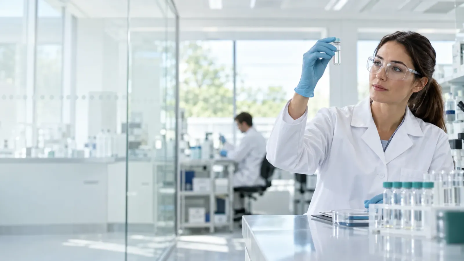 A scientist examining a sample tube in a laboratory