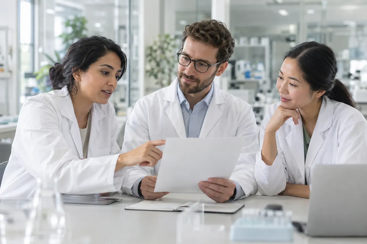 Three scientists reviewing a document together