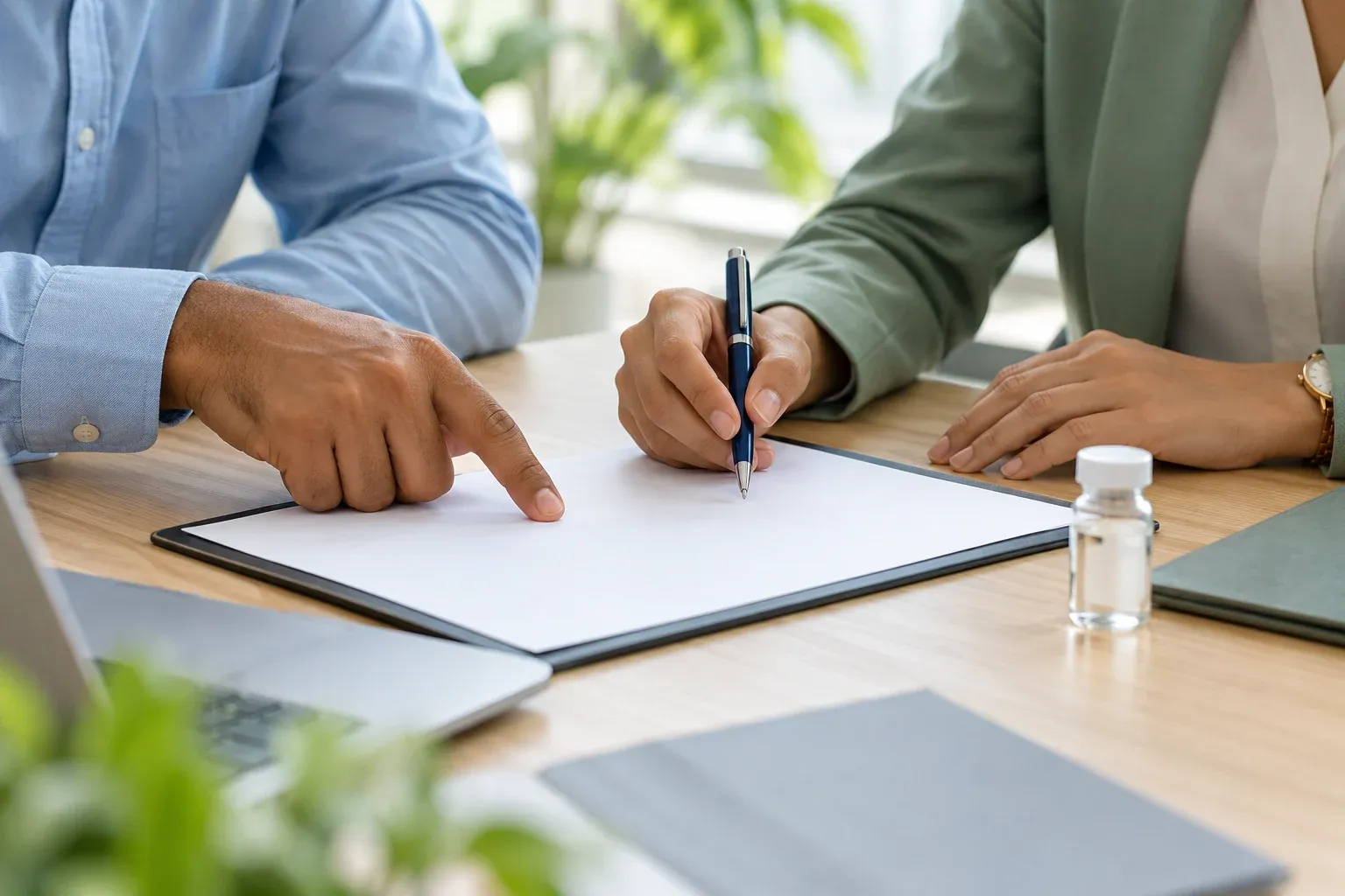 Two colleagues reviewing a product specification at a desk