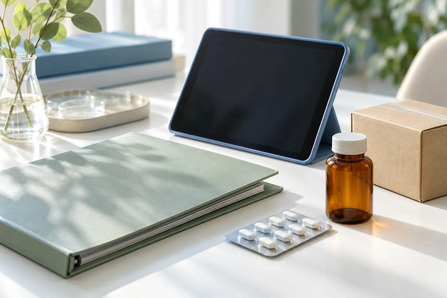 A research folder, tablet, blister strip, sample bottle and carton on a desk