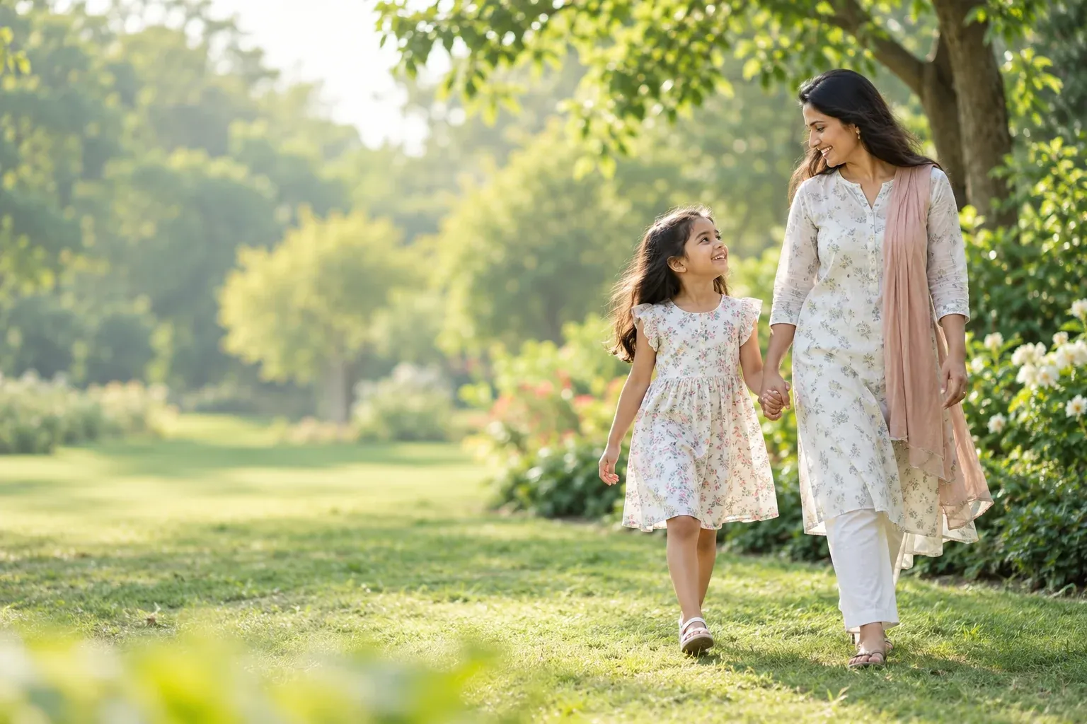 A mother and daughter walking together in a sunlit garden