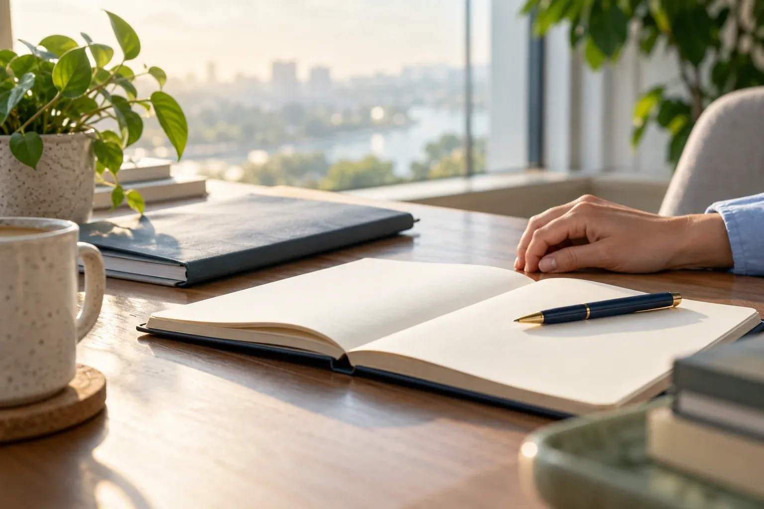 An open notebook and pen on a desk by a window