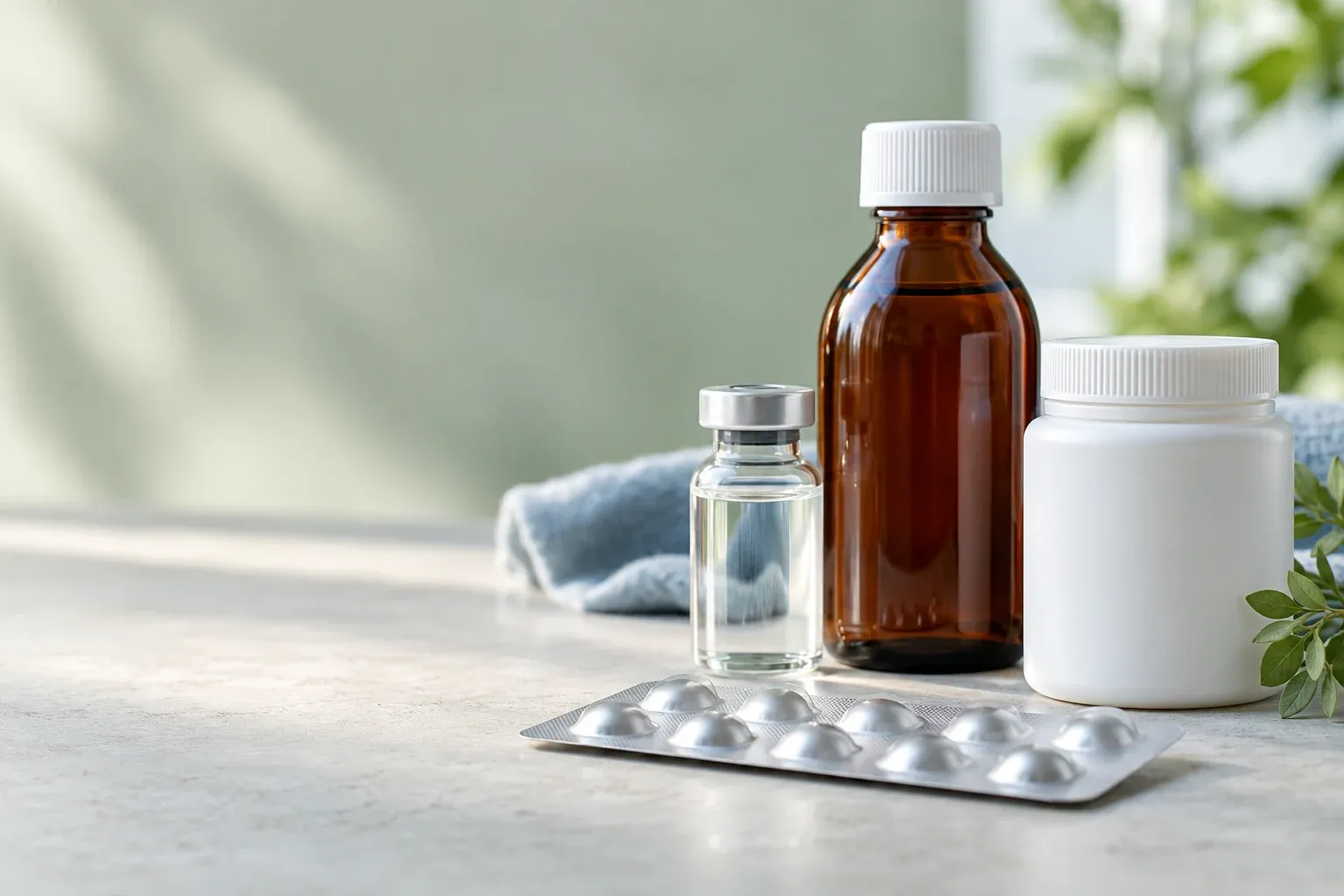A syrup bottle, an injection vial, a nutrition jar and a blister strip