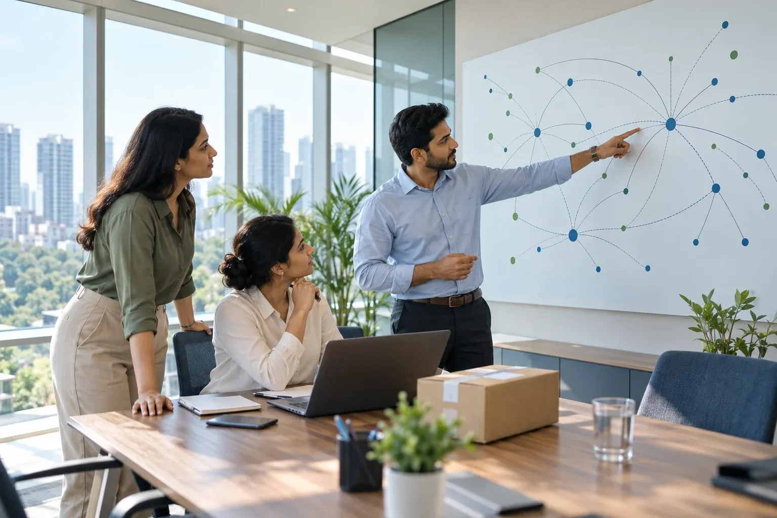 Colleagues reviewing a route plan on an office wall