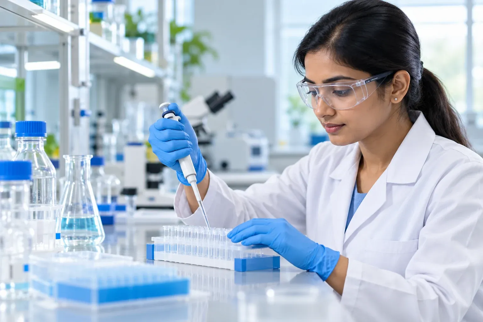 A scientist using a pipette at a laboratory bench