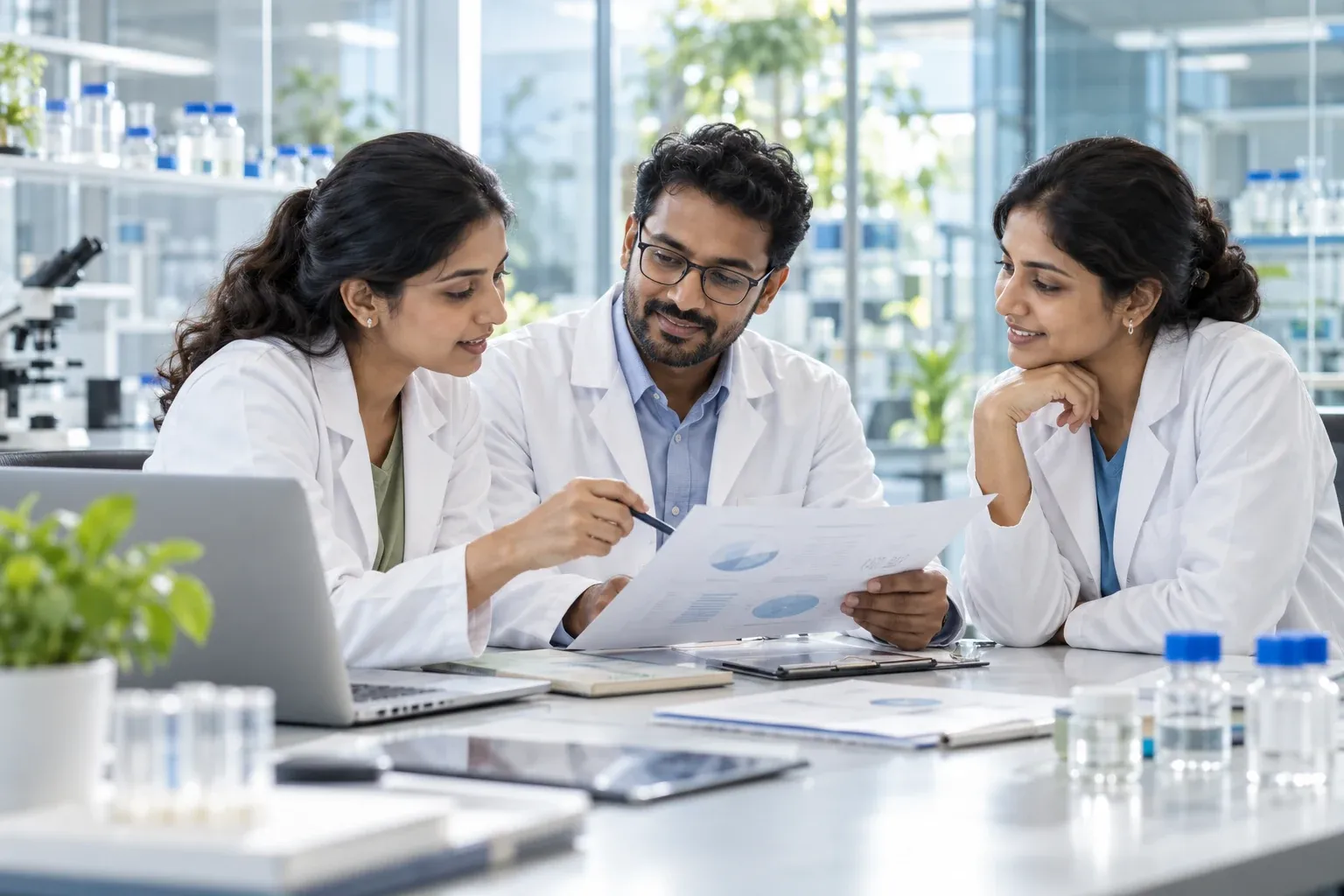 Three colleagues discussing a report in a laboratory office