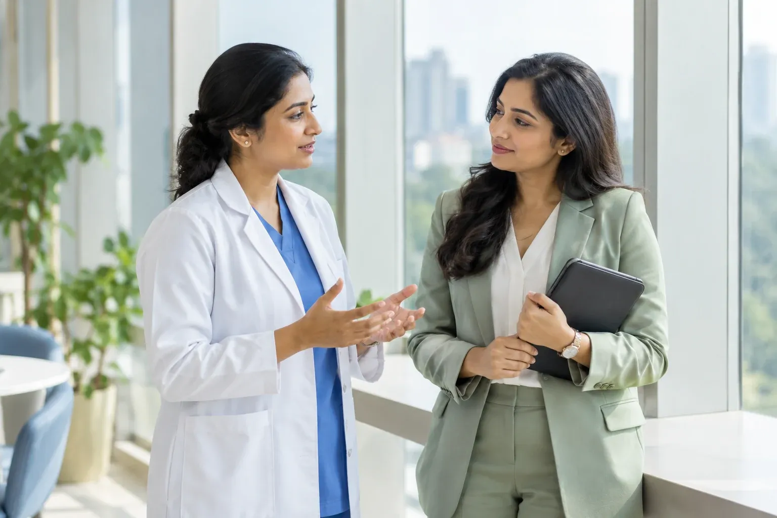 A clinician and a healthcare professional in conversation