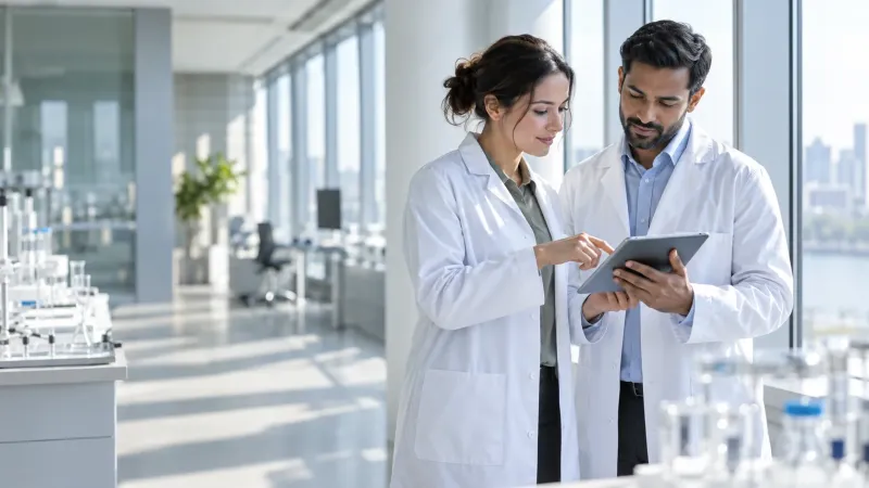 Two scientists reviewing results on a tablet