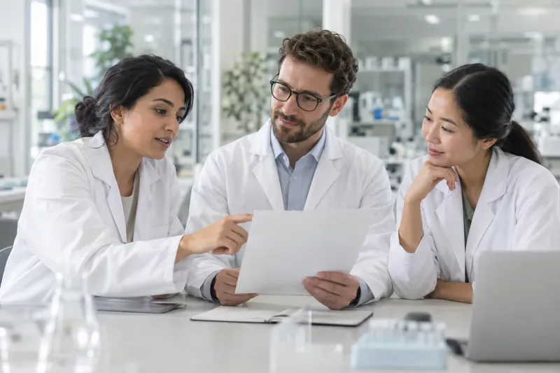Three scientists reviewing a document together
