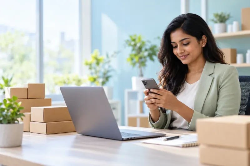 A healthcare commercial professional using a smartphone in an office