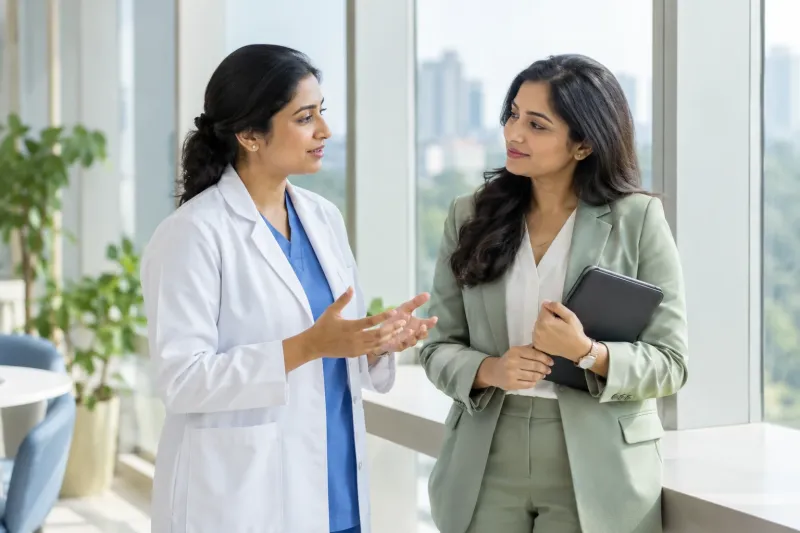 A clinician and a healthcare professional in conversation