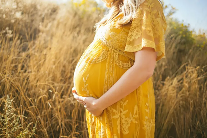 A pregnant woman in a field at sunset